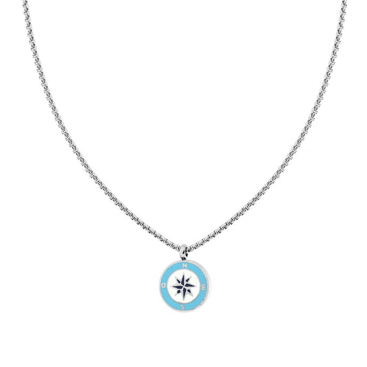 Collana Catena Veneziana Tonda con Tondo Smalto Multicolor e Rosa dei Venti in ACCIA
