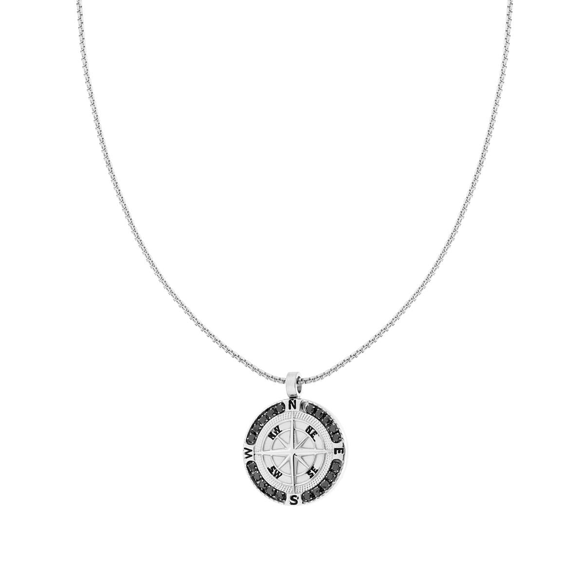 Collana Catena Veneziana Tonda con Rosa dei Venti e Crystal Neri in ACCIAIO