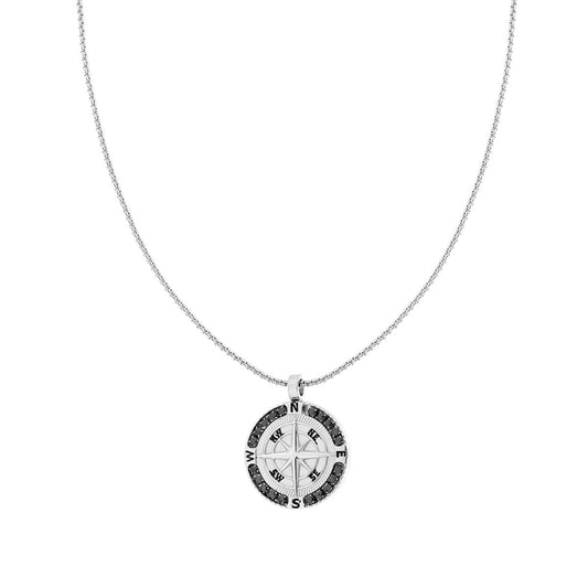 Collana Catena Veneziana Tonda con Rosa dei Venti e Crystal Neri in ACCIAIO