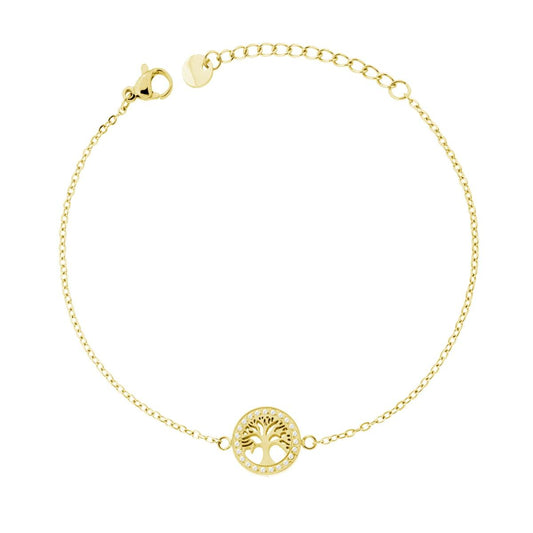 Bracciale Catena Forzatina Diamantata con Albero della Vita e Crystal Bianchi in ACCIAIO colore Oro