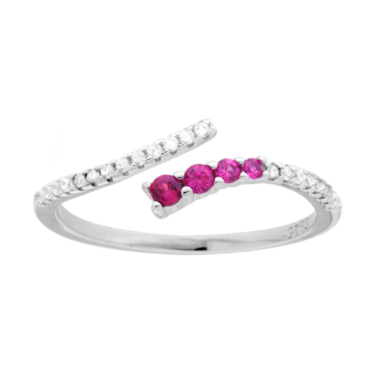 Anello Contrarie con Cubic Zirconia Rosso Rubino e Bianco in ARGENTO 925 Galvanica Rodio