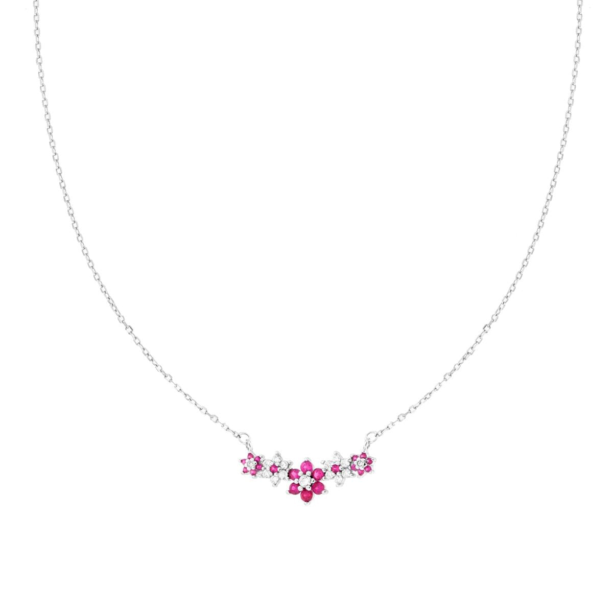 Collana Catena Forzatina Diamantata con Centrale Fiori e Cubic Zirconia Rosso Rubino e Bianchi in ARGENTO 925 Galvanica Rodio