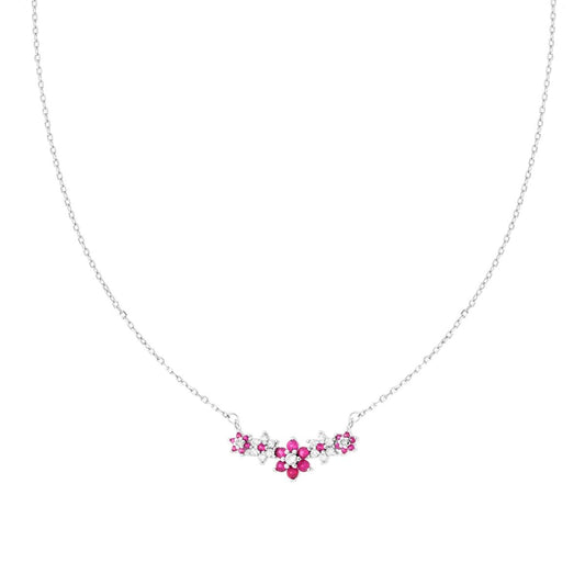 Collana Catena Forzatina Diamantata con Centrale Fiori e Cubic Zirconia Rosso Rubino e Bianchi in ARGENTO 925 Galvanica Rodio