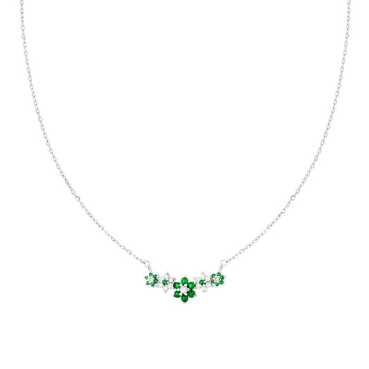 Collana Catena Forzatina Diamantata con Centrale Fiori e Cubic Zirconia Verde Smeraldo e Bianchi in ARGENTO 925 Galvanica Rodio