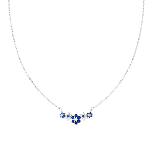 Collana Catena Forzatina Diamantata con Centrale Fiori e Cubic Zirconia Blu Zaffiro e Bianchi in ARGENTO 925 Galvanica Rodio