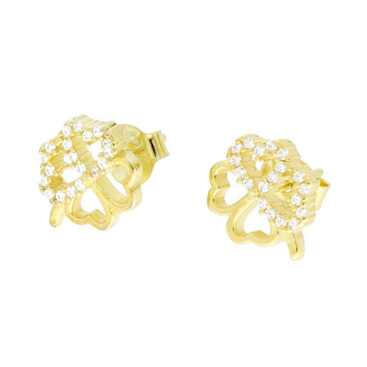 Orecchini Quadrifoglio Cuori con Cubic Zirconia Bianchi in ARGENTO 925 Galvanica Oro