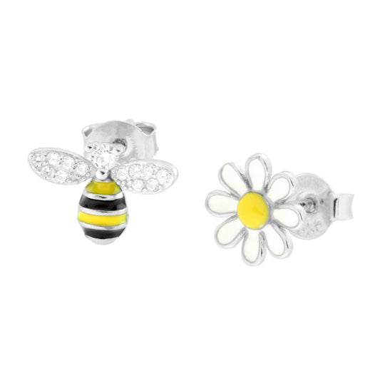 Orecchini Asimmetrici Ape e Fiore con Cubic Zirconia Bianchi e Smalto Multicolor in ARGENTO 925 Galvanica Rodio