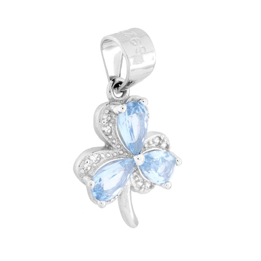 Ciondolo Trifoglio con Cubic Zirconia Bianchi e Acquamarina in ARGENTO 925 Galvanica Rodio
