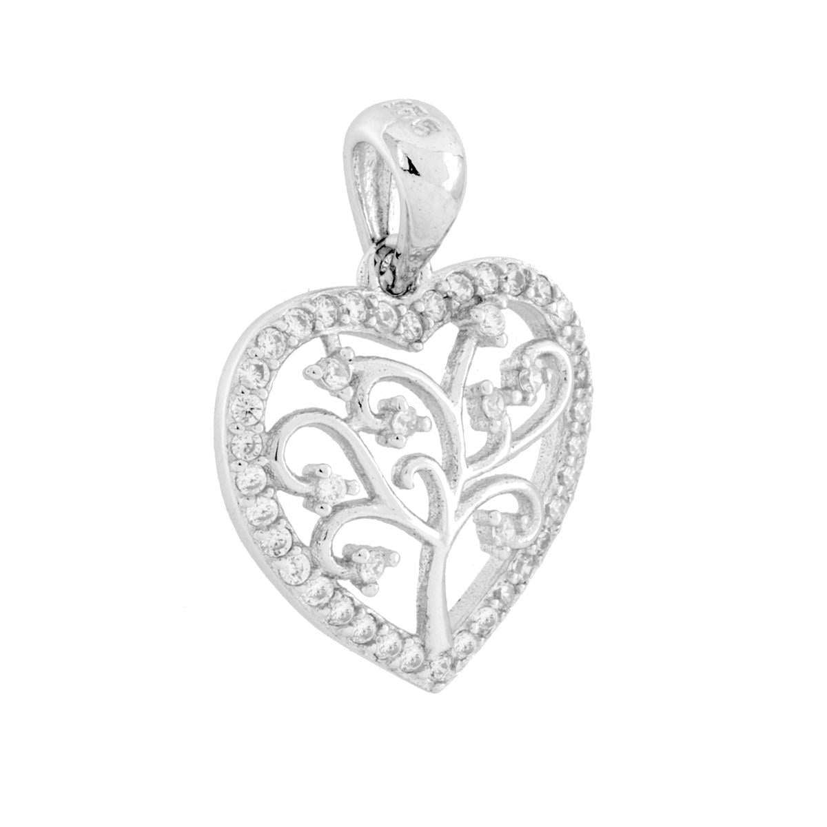 Ciondolo Cuore e Albero della Vita con Cubic Zirconia Bianchi in ARGENTO 925 Galvanica Rodio
