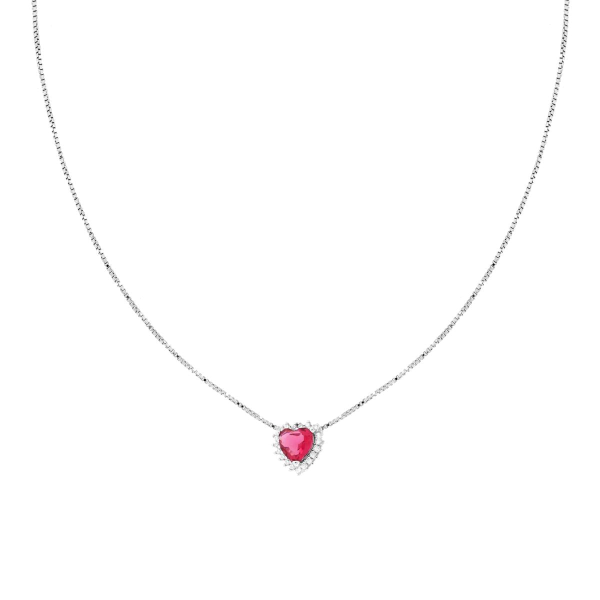 Collana Catena Veneziana Diamantata con Cuore Rosso Rubino contornato da Cubic Zirconia Bianchi in ARGENTO 925 Galvanica Rodio
