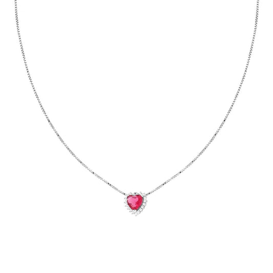 Collana Catena Veneziana Diamantata con Cuore Rosso Rubino contornato da Cubic Zirconia Bianchi in ARGENTO 925 Galvanica Rodio