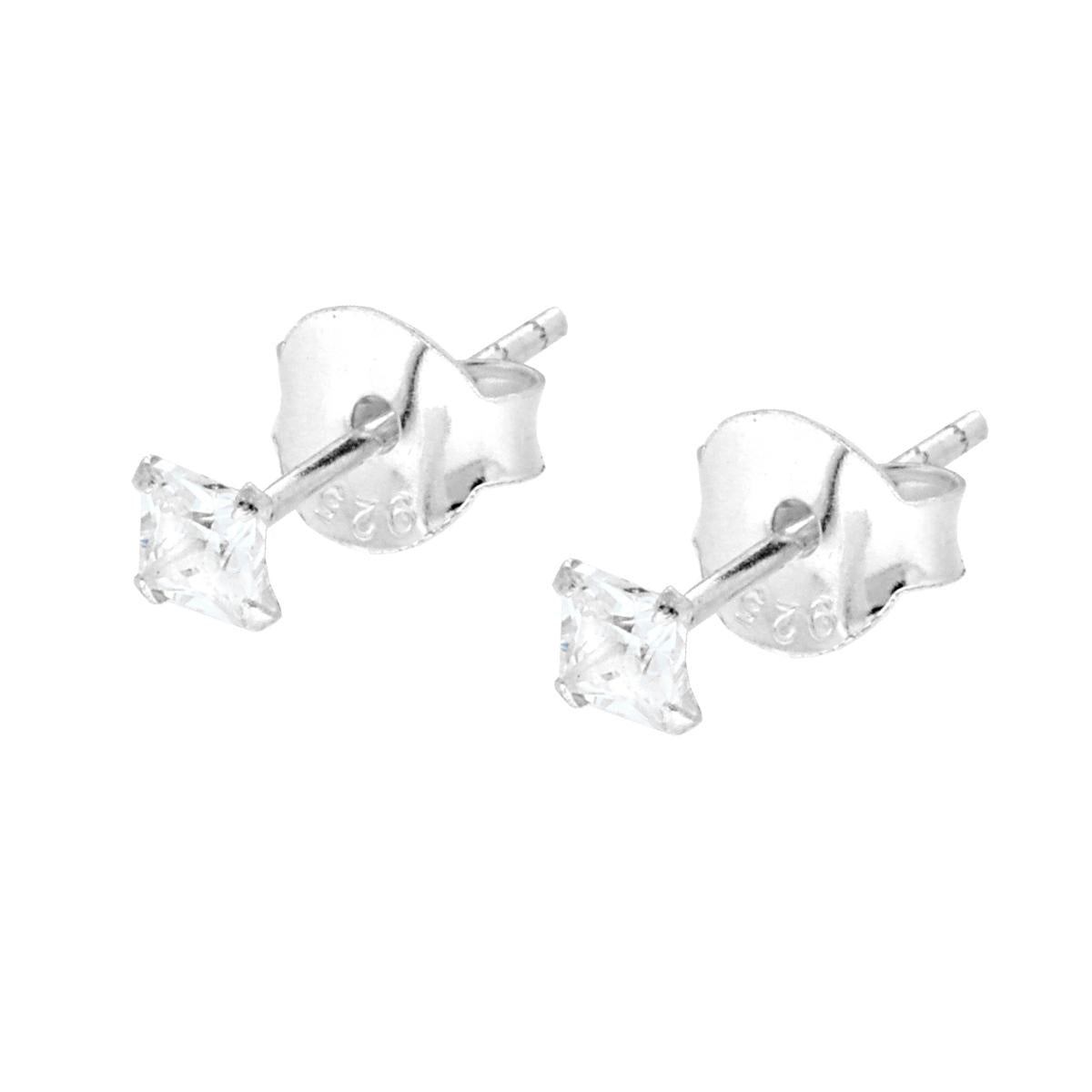 Orecchini Punto Luce Quadrato mm 2.5 a Griffe con Zircone Bianco in ARGENTO 925