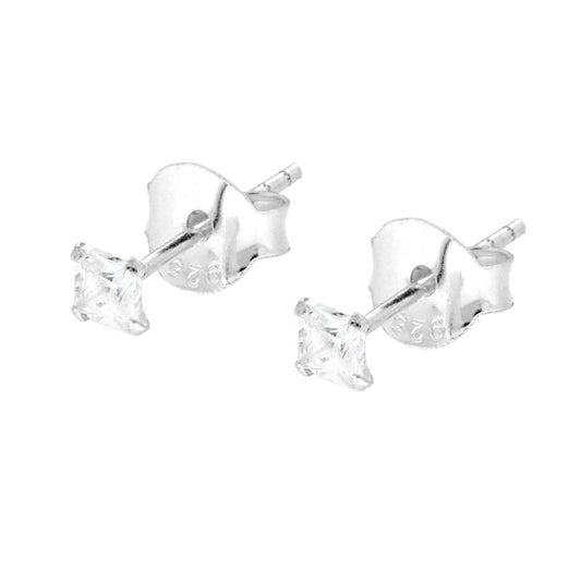 Orecchini Punto Luce Quadrato mm 2.5 a Griffe con Zircone Bianco in ARGENTO 925