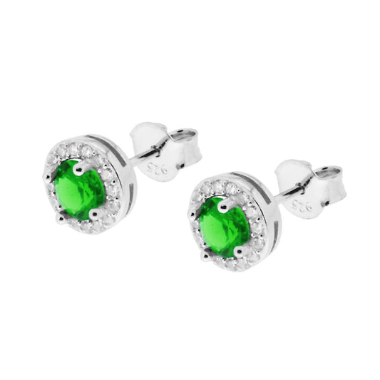 Orecchini forma Tonda con Zircone Verde Smeraldo contornato con Zirconi Bianchi in ARGENTO 925 Galvanica Rodio