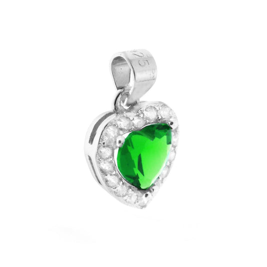 Ciondolo a forma di Cuore con Zircone Verde Smeraldo contornato con Zirconi Bianchi in ARGENTO 925 Galvanica Rodio