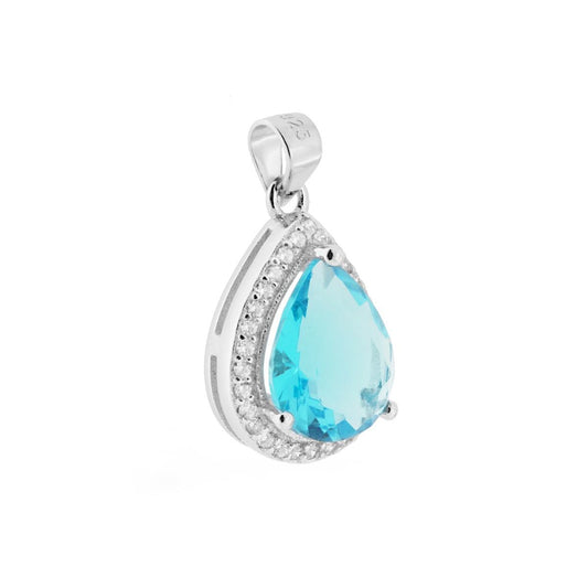 Ciondolo Goccia con Zircone Acquamarina contornato da Zirconi Bianchi in ARGENTO 925 Galvanica Rodio