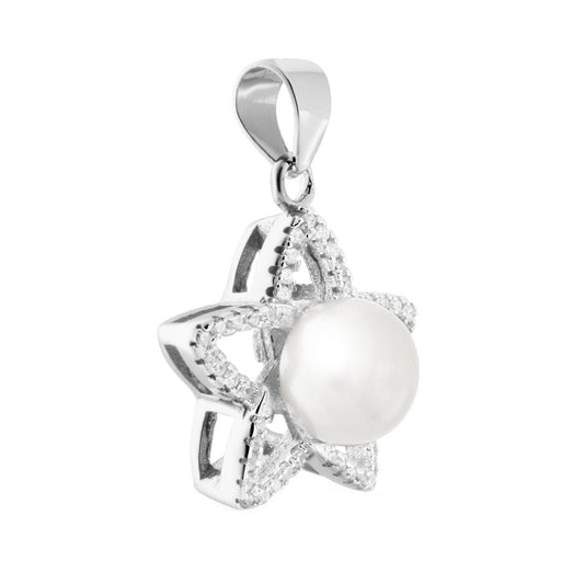 Ciondolo Stella con Perla di fiume e Zirconi Bianchi in ARGENTO 925 Galvanica Rodio