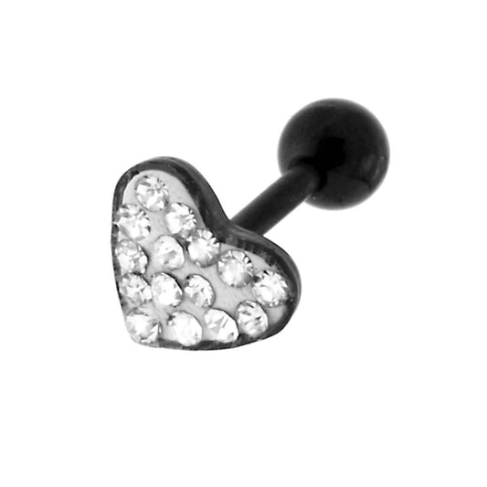 Body Piercing Barbell Nero mm 12 con Pallina mm 4 con Cuore e Crystal Bianchi in ACCIAIO Chirurgico