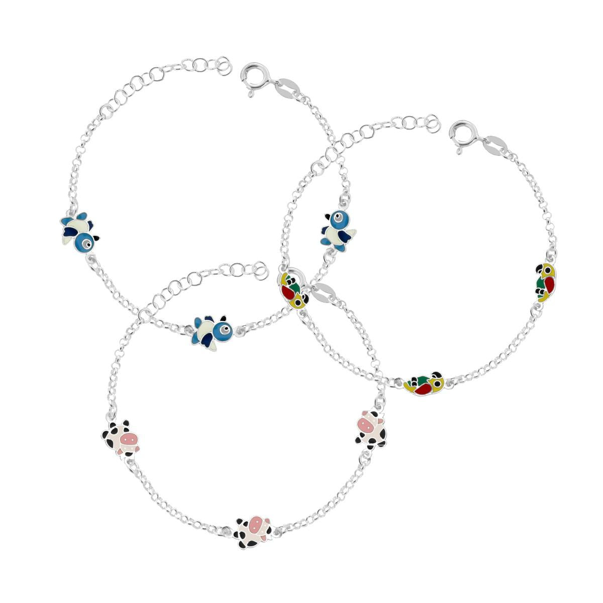 Bracciale Bimbo Bimba Catena Rolo Diamantata con Soggetti Fantasy con Smalto Multicolor in ARGENTO 925