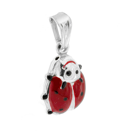 Ciondolo per Bimbo e Bimba con Coccinella smaltata Rossa e Nera in ARGENTO 925