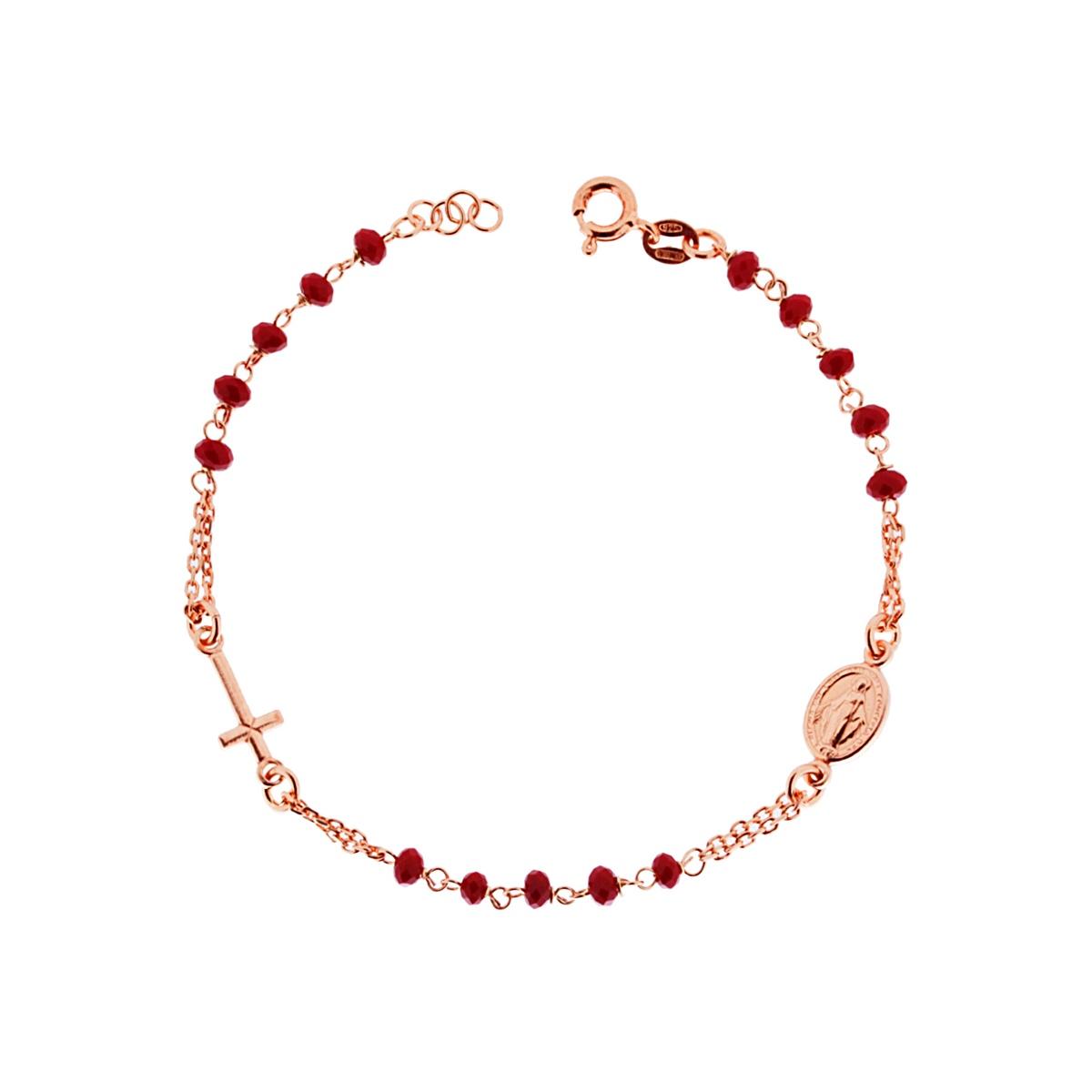 Bracciale Rosario cm 18+2 con Grani in Crystal colore Rosso mm 3.5 con Croce e Medaglia Madonna in ARGENTO 925 Galvanica Rosa
