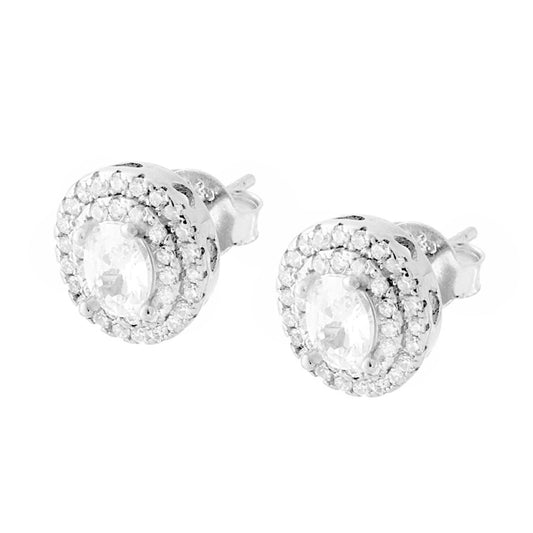 Orecchini con Zircone Ovale Bianco e Cuori laterali contornato con Zirconi Bianchi in ARGENTO 925 Galvanica Rodio