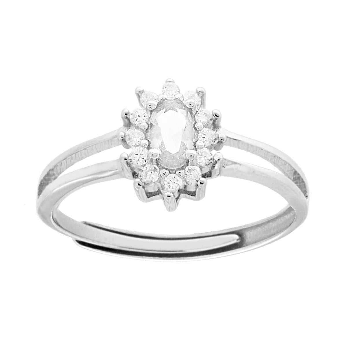Anello Solitario con Zircone ovale Bianco contornato con Zirconi Bianchi in ARGENTO 925 Galvanica Rodio