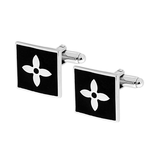 Accessori Gemelli Uomo forma Quadrata plain con Smalto Nero e sagoma Fiore mm 15 in ACCIAIO
