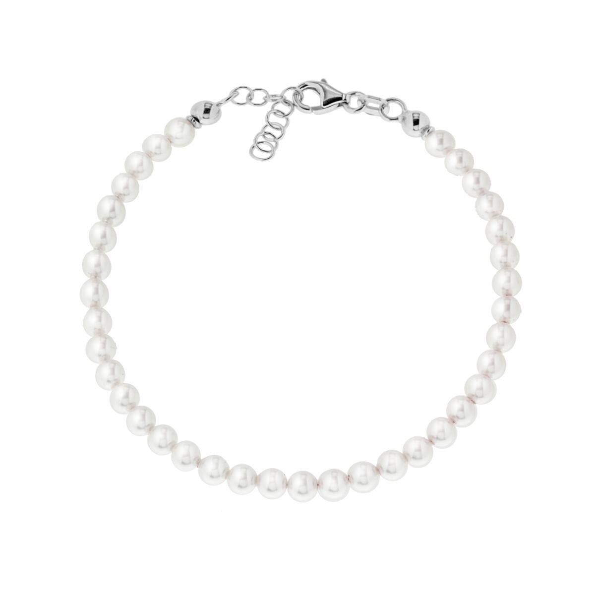 Bracciale Filo Perla Bianca mm 4 in vetro perlato con filo e chiusura in ARGENTO 925 Galvanica Rodio
