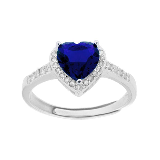 Anello Halo Solitario con Cubic Zirconia Cuore Blu Zaffiro contornato con Cubic Zirconia Bianchi in ARGENTO 925 Galvanica Rodio