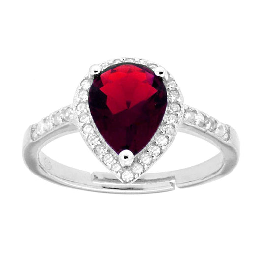 Anello Halo Solitario con Zircone a Goccia Rosso Rubino contornato con Zirconi Bianchi in ARGENTO 925 Galvanica Rodio