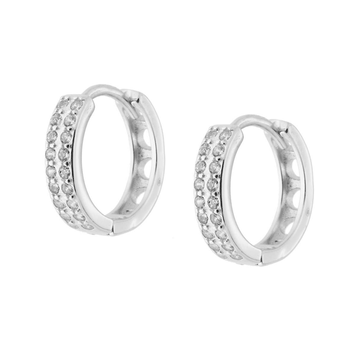 Orecchini Cerchio mm 14 con doppio filo Zirconi Bianchi in ARGENTO 925 Galvanica Rodio