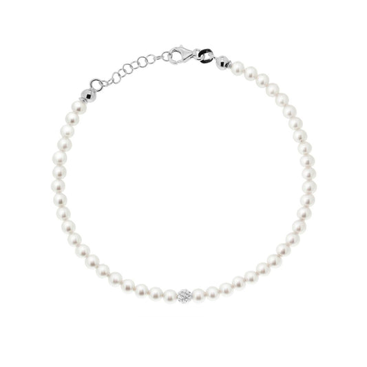 Bracciale Filo Perla Bianca mm 4 in vetro perlato con pallina Crystal Bianco con filo e chiusura in ARGENTO 925 Galvanica Rodio