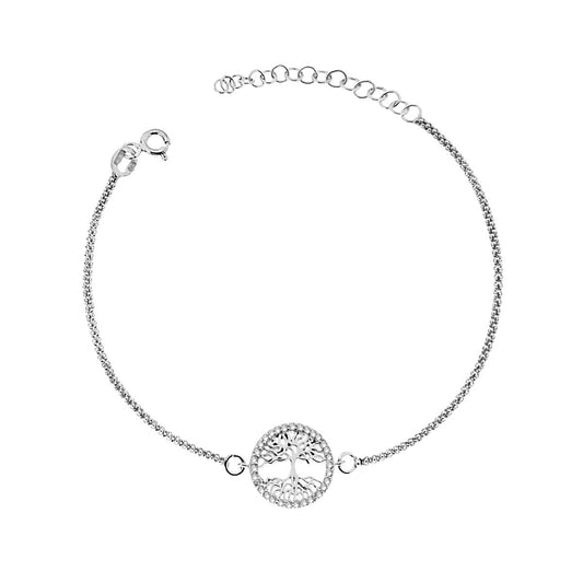 Bracciale Catena Coreana con Albero della Vita e Zirconi Bianchi in ARGENTO 925 Galvanica Rodio
