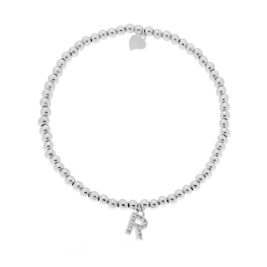 Bracciale Elastico a Palline con Accessorio Lettera e Zirconi in ARGENTO 925