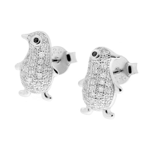Orecchini Pinguino con Zirconi Bianchi in ARGENTO 925 Galvanica Rodio